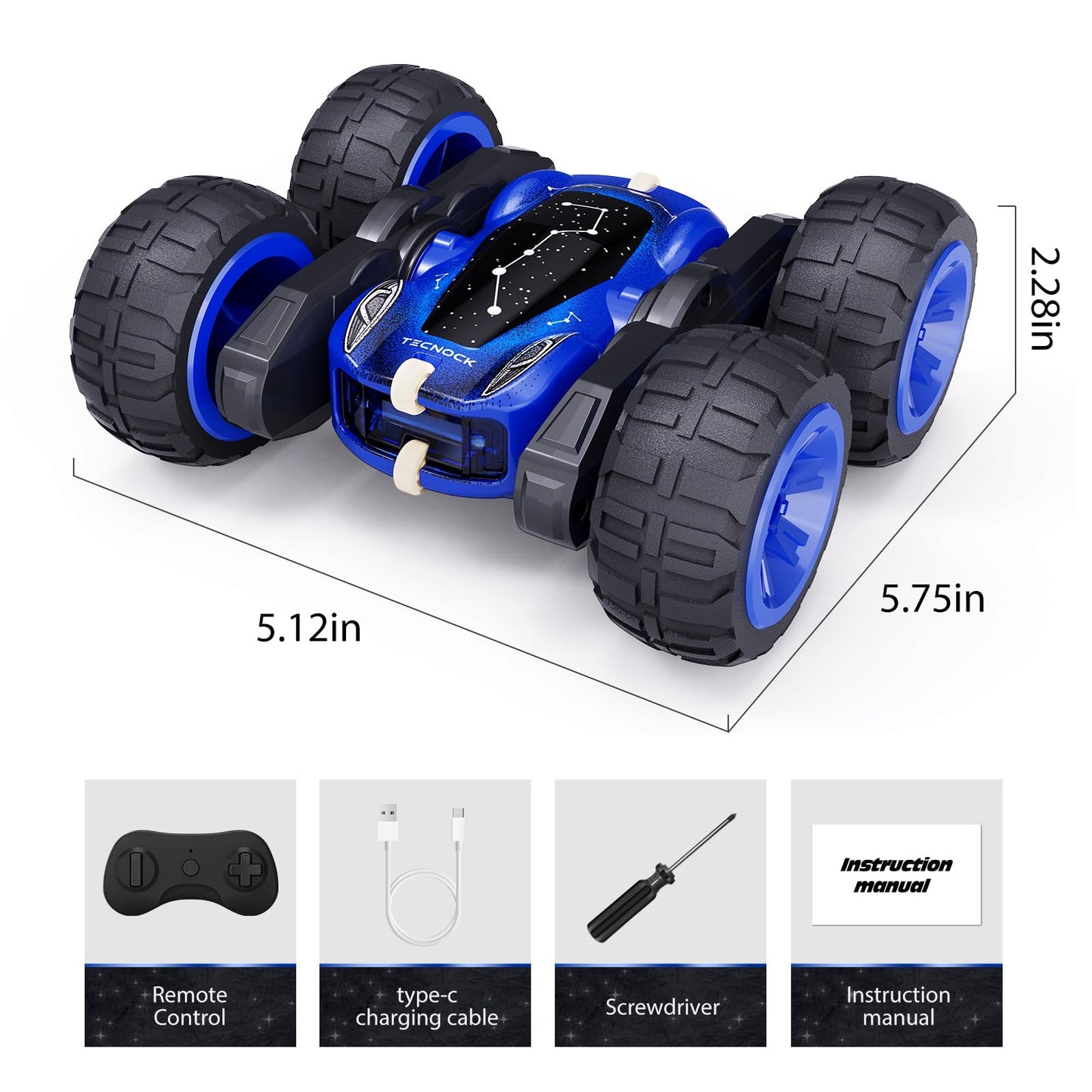 Tecnock Remote Control Car, 2.4GHz RC Cars with USB-C Easy Charging, 4WD Double Sided 360° Rotates and Flips RC Stunt Car, Toys Gift for Boys and Girls Ages 6-8, 8-12