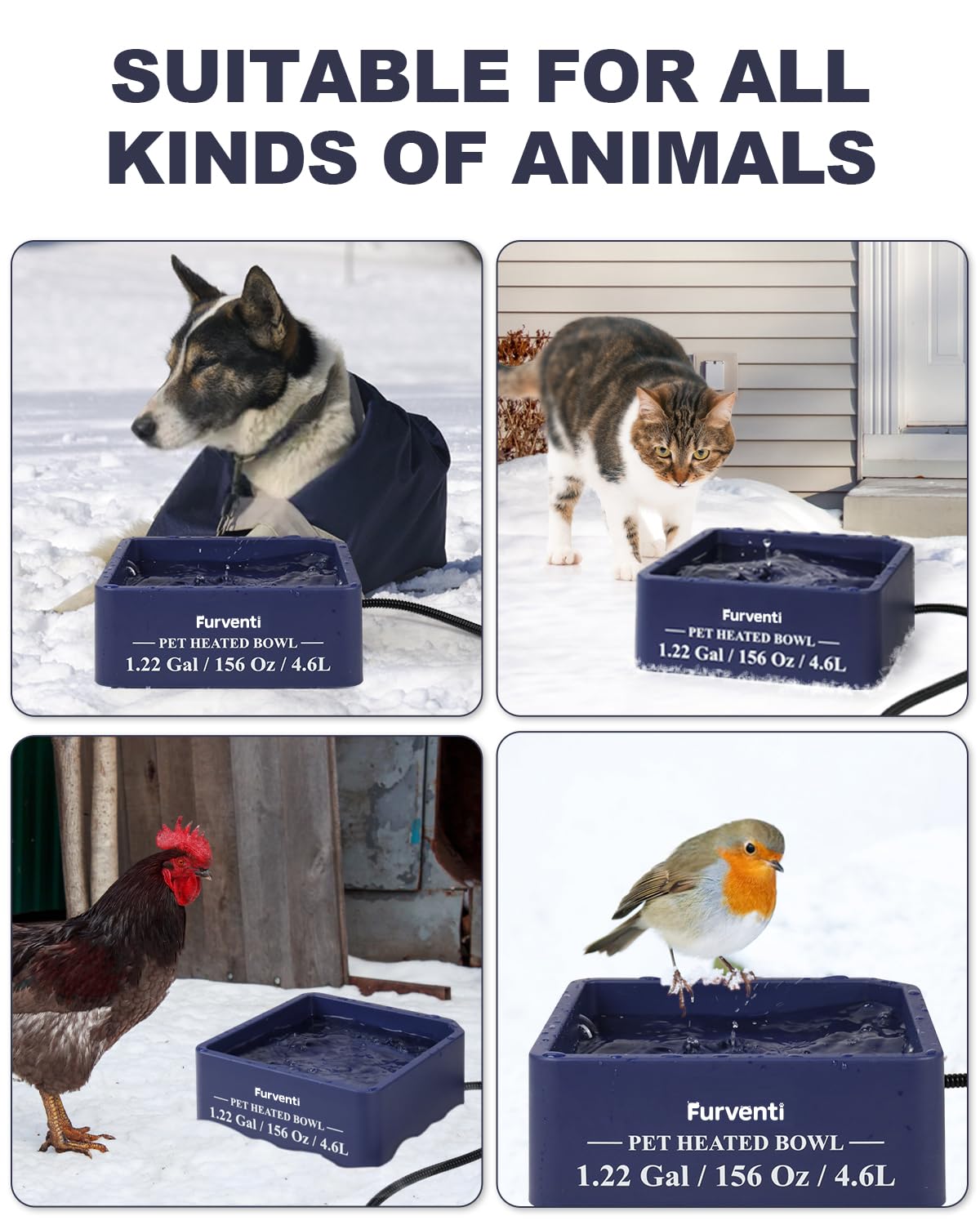 Heated Water Bowl for Dog Cat,1.22 Gallon,Outdoor Waterproof Heated Pet Water Dish with 79" Chew Resistant Cord for Rabbit, Chicken, Duck, Squirrel (Navy Blue)