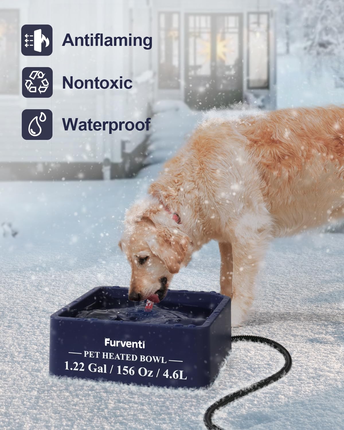 Heated Water Bowl for Dog Cat,1.22 Gallon,Outdoor Waterproof Heated Pet Water Dish with 79" Chew Resistant Cord for Rabbit, Chicken, Duck, Squirrel (Navy Blue)