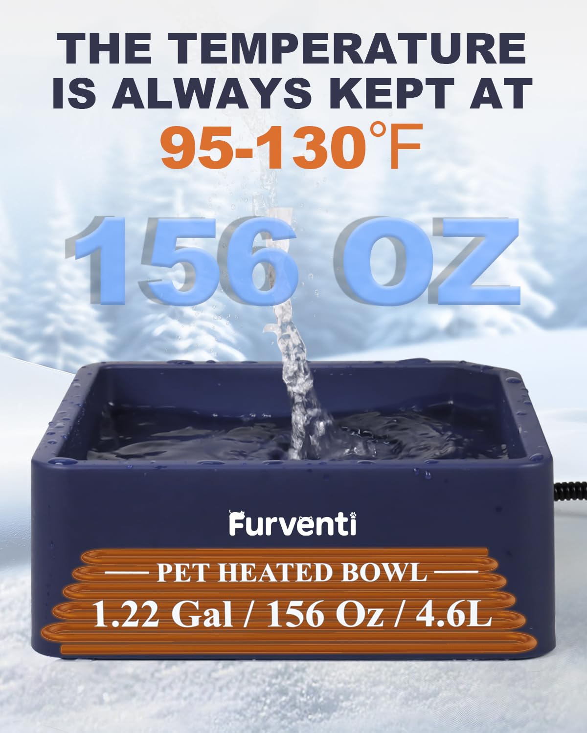 Heated Water Bowl for Dog Cat,1.22 Gallon,Outdoor Waterproof Heated Pet Water Dish with 79" Chew Resistant Cord for Rabbit, Chicken, Duck, Squirrel (Navy Blue)