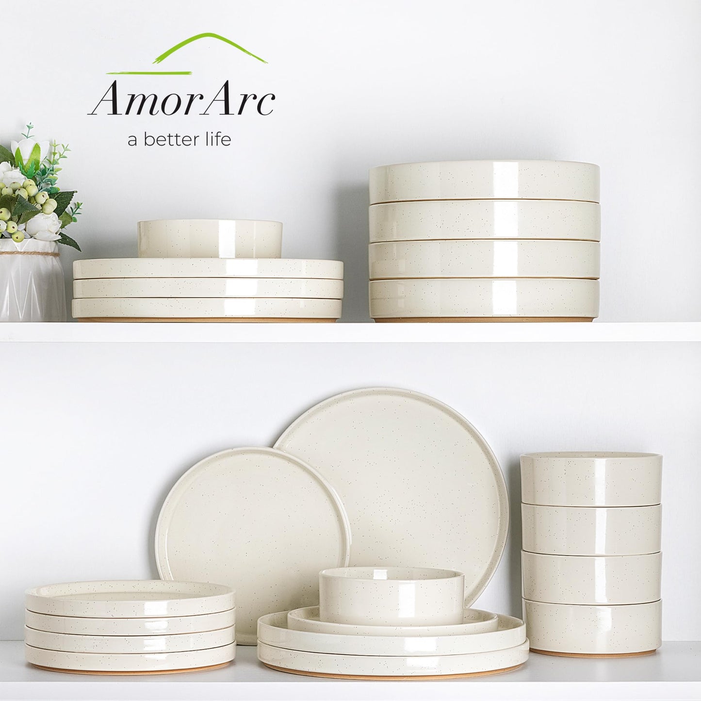 AmorArc Ceramic Dinnerware Set for 6 | Speckled Stoneware Plates and Bowls with Rustic Terracotta Underside| Scratch Resistant,Dishwasher & Microwave Safe Dishes Sets- 18pcs Beige