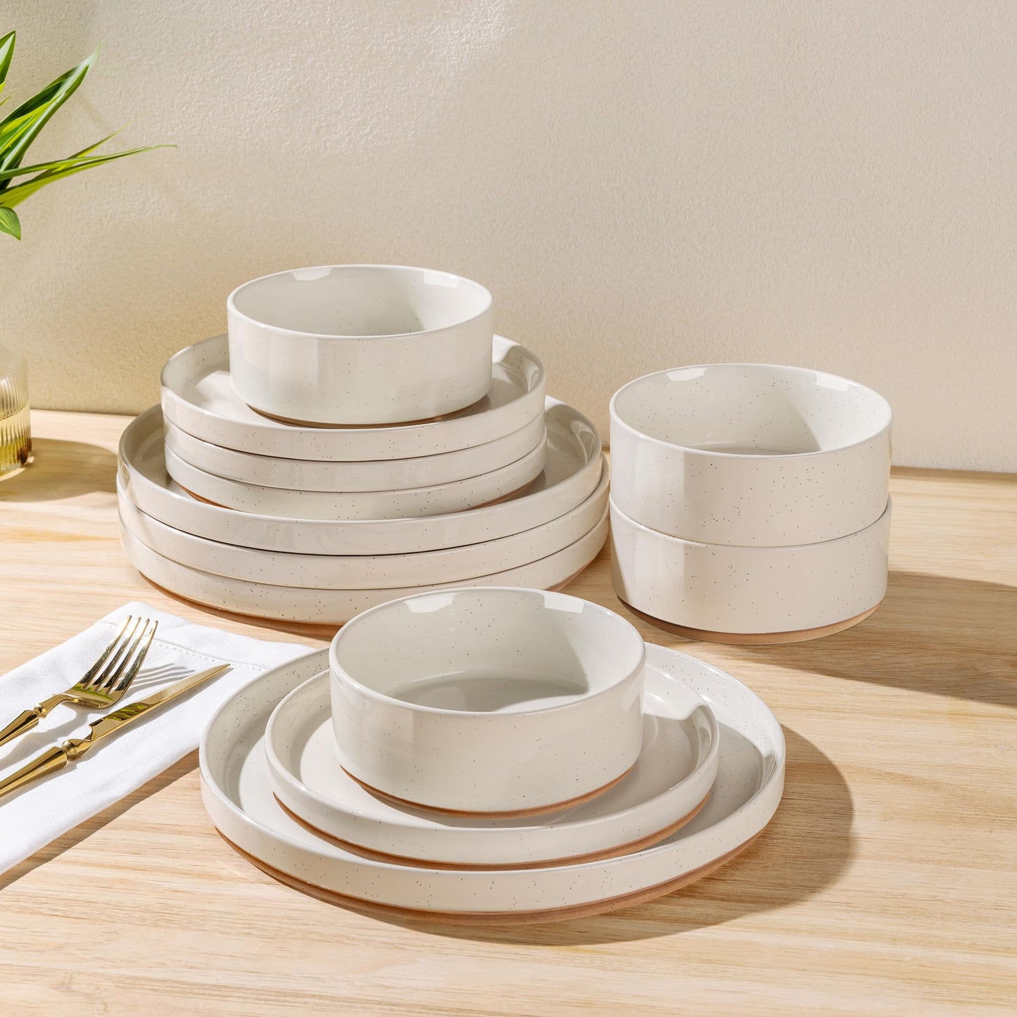 AmorArc Ceramic Dinnerware Set for 6 | Speckled Stoneware Plates and Bowls with Rustic Terracotta Underside| Scratch Resistant,Dishwasher & Microwave Safe Dishes Sets- 18pcs Beige