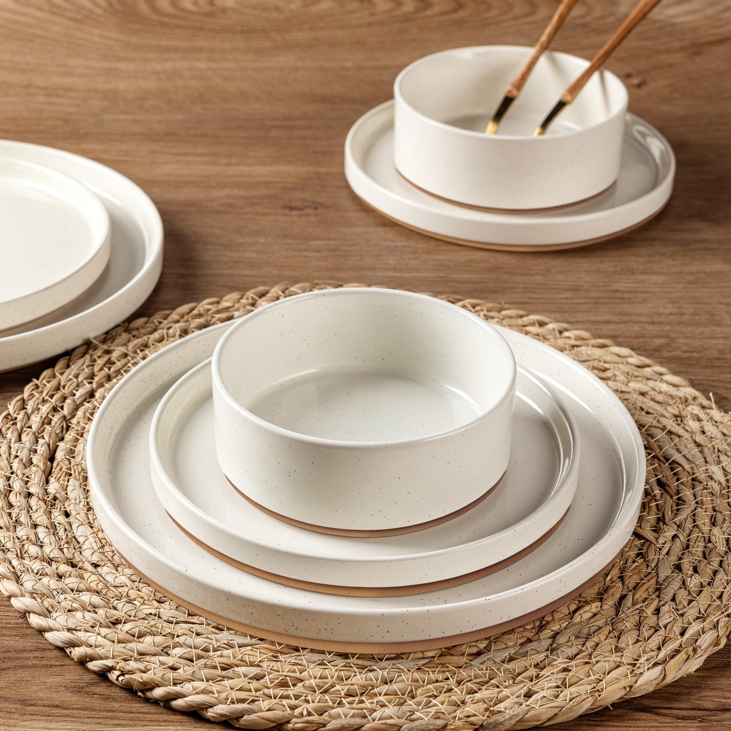 AmorArc Ceramic Dinnerware Set for 6 | Speckled Stoneware Plates and Bowls with Rustic Terracotta Underside| Scratch Resistant,Dishwasher & Microwave Safe Dishes Sets- 18pcs Beige