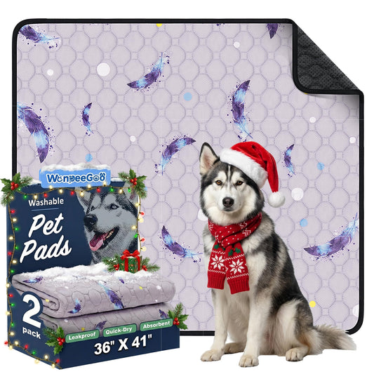 WanpeeGoo Washable Pee Pads for Dogs, 2Pack Reusable Puppy Pads, Super Absorbent & Leakproof Dog Pads, Anti-Slip Dog Pee Pads for Puppy Training & Incontinence, Feather Pattern 36"x41"