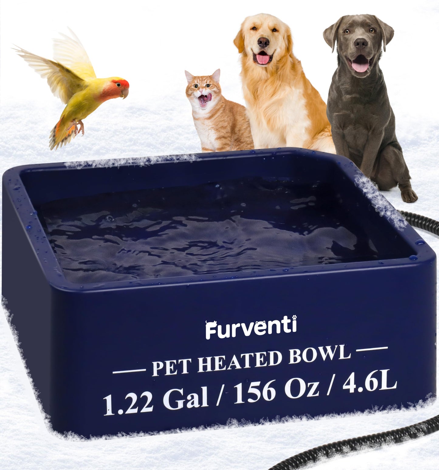 Heated Water Bowl for Dog Cat,1.22 Gallon,Outdoor Waterproof Heated Pet Water Dish with 79" Chew Resistant Cord for Rabbit, Chicken, Duck, Squirrel (Navy Blue)