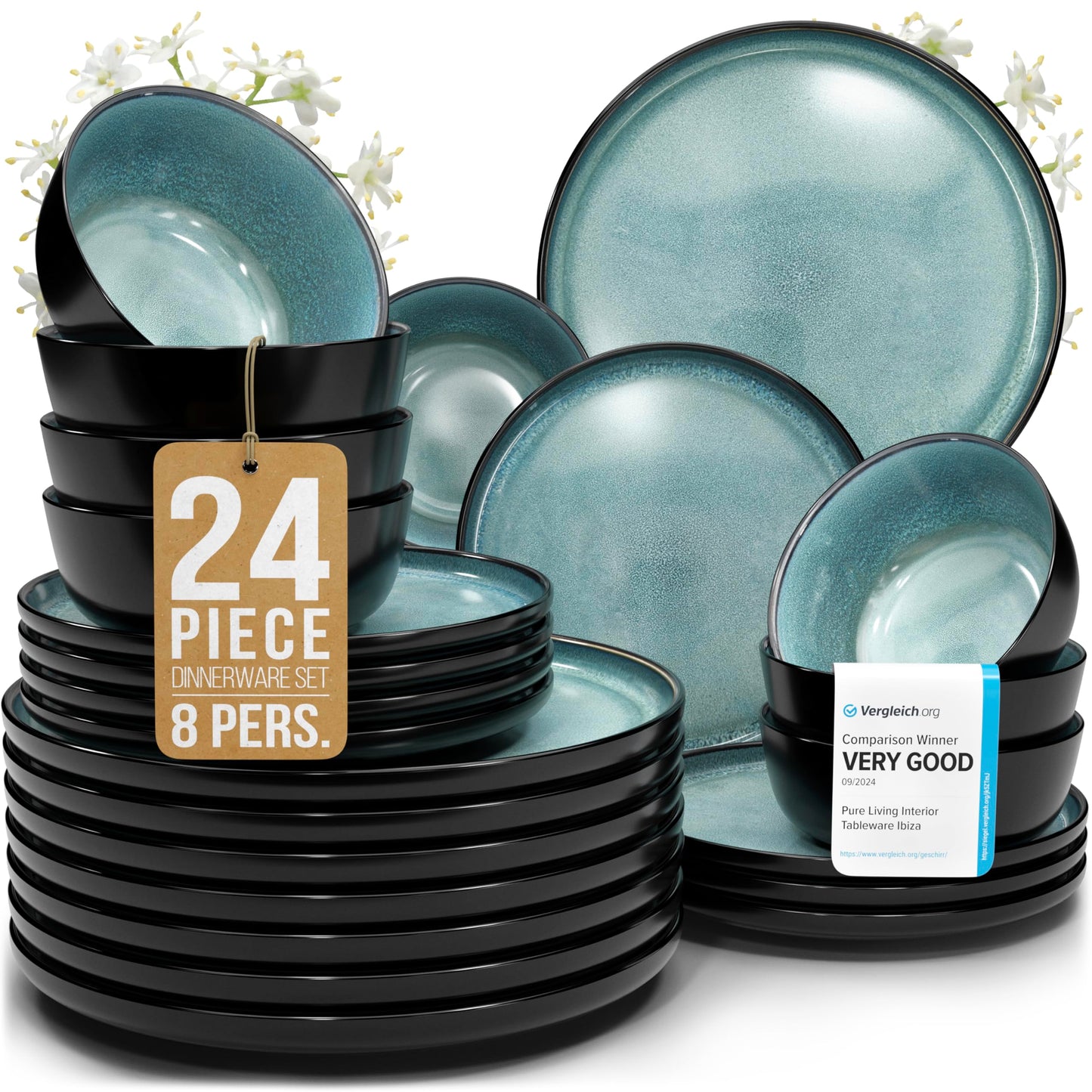 24 Piece Dinnerware Sets for 8 - Modern Style Stoneware Dinnerware Set - Scratch Resistant, Dishwasher Safe Plates and Bowls Sets Ceramic, Dish Set, Bowl and Plate Set - Black and Petrol Blue…